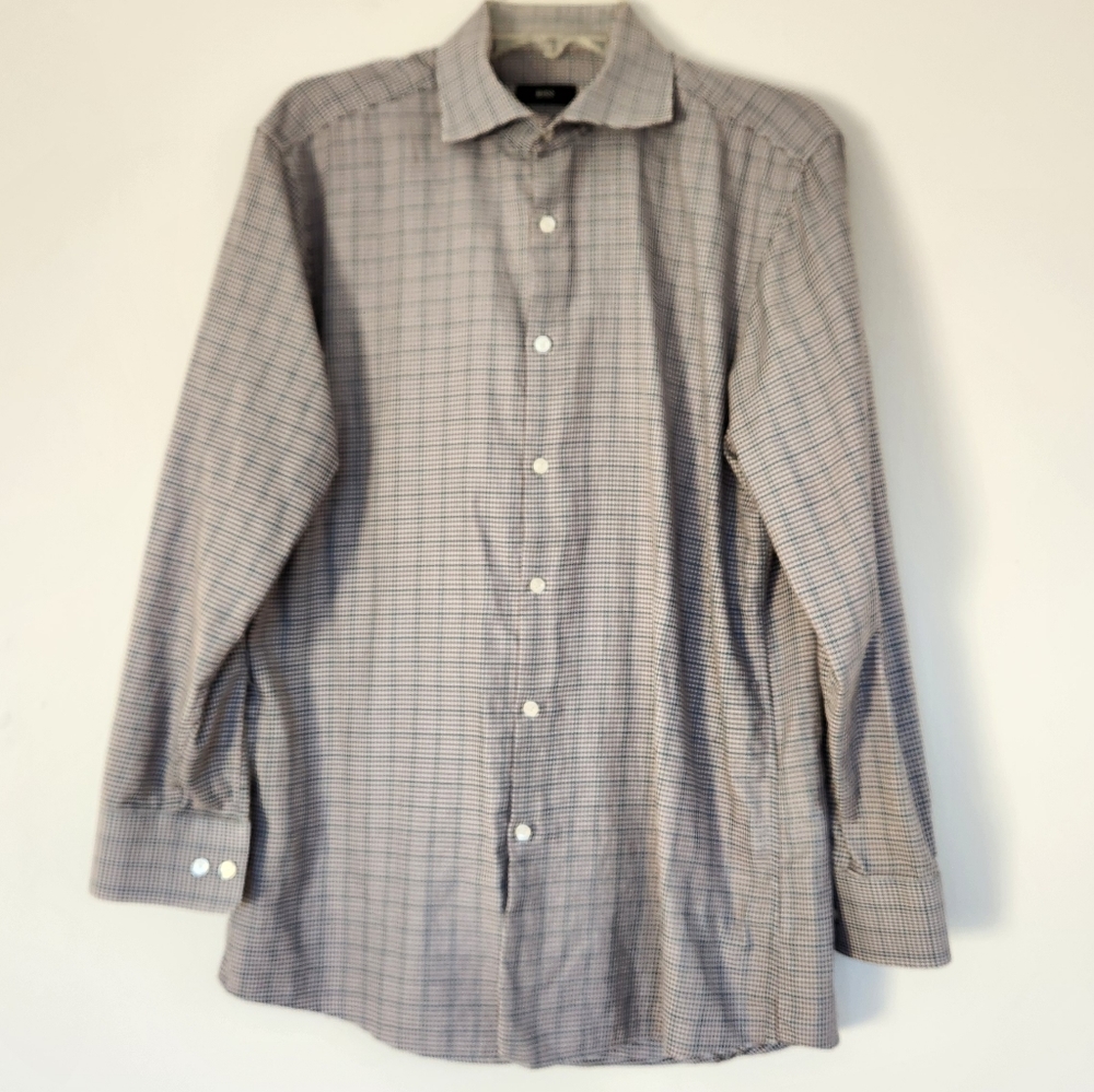 HUGO BOSS Men’s Sharp Fit Brown & Black Plaid Collared Button Down Long Sleeved